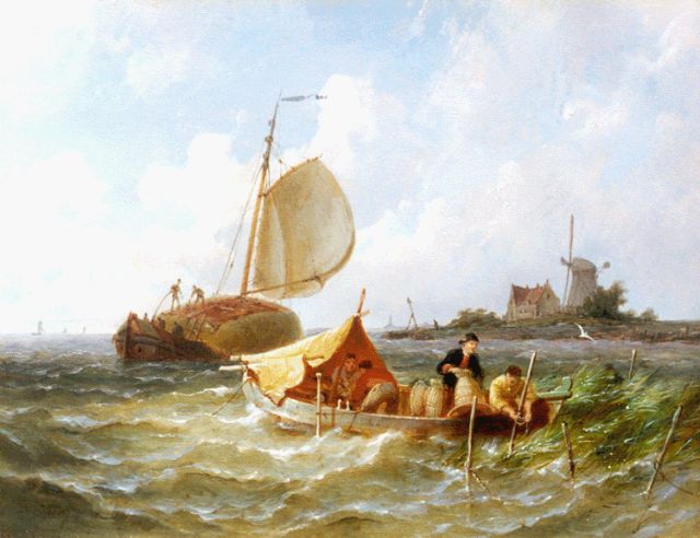 Pieter Cornelis  Dommershuijzen | Kreeftenvissers en hooischuiten op de Zuiderzee, olieverf op paneel, 19,4 x 25,4 cm, gesigneerd l.o. met initialen en gedateerd '87