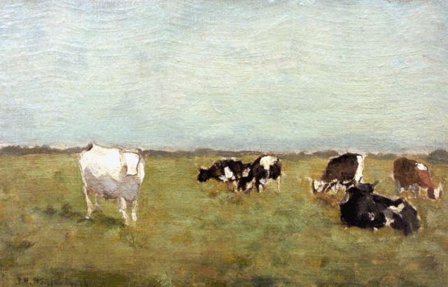 Jan Hendrik Weissenbruch | Koeien in de wei, olieverf op doek op paneel, 18,5 x 27,4 cm, gesigneerd l.o.