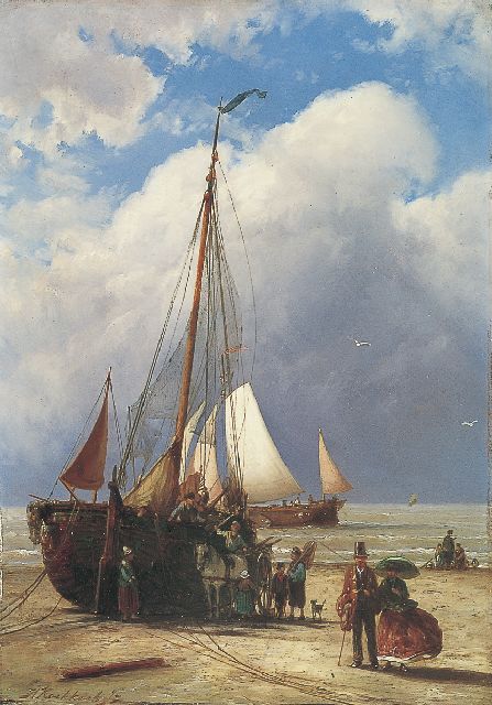 Hermanus Koekkoek jr. | Bomschuit op het strand met vissers en wandelaars, olieverf op paneel, 38,5 x 27,2 cm, gesigneerd l.o.