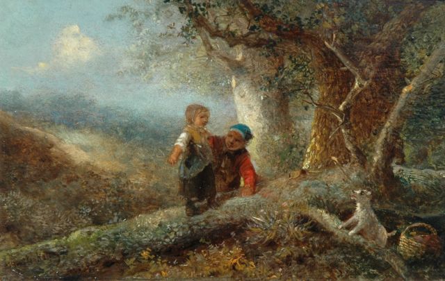 Mari ten Kate | Spelende kinderen in het bos, olieverf op paneel, 11,9 x 18,4 cm, gesigneerd l.o.