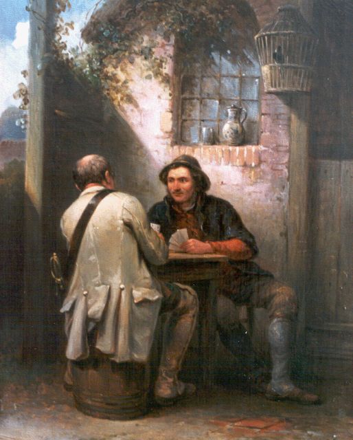 Johannes Hilverdink | Kaartspelende visser en soldaat, olieverf op doek, 50,4 x 39,9 cm, gesigneerd r.o. met monogram en gedateerd '47