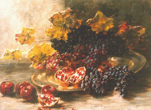 Schultheiss N.  | Stilleven van druiven en granaatappels, olieverf op doek 61,5 x 82,0 cm, gesigneerd r.b. en gedateerd 1914