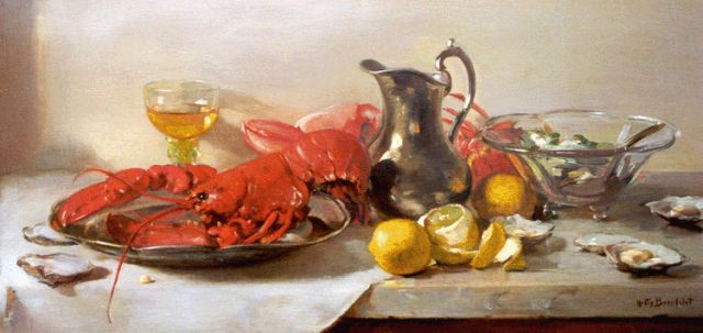 Hetty Broedelet-Henkes | Stilleven met kreeft en oesters, olieverf op paneel, 33,5 x 71,9 cm, gesigneerd r.o.