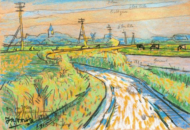 Jan Toorop | Landweggetje, potlood en pastel op papier, 11,3 x 16,7 cm, gesigneerd l.o. en gedateerd 1915