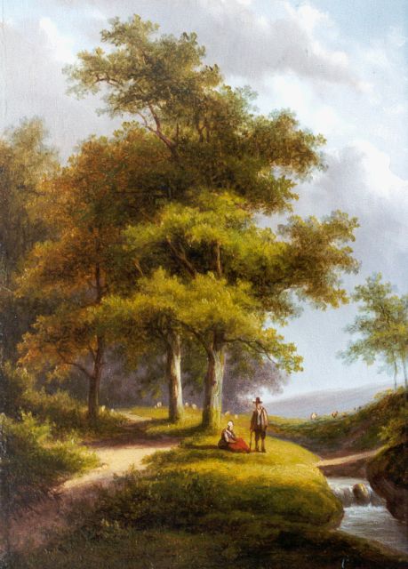 Jan Evert Morel II | Rustend landvolk bij een beek, olieverf op paneel, 20,4 x 15,1 cm, gesigneerd l.o.