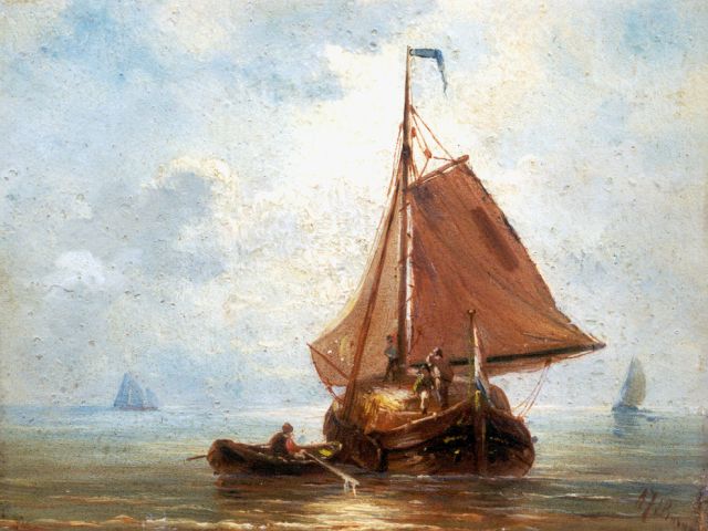 Albert Jurardus van Prooijen | Schepen in een baai bij kalm weer, olieverf op paneel, 14,7 x 18,8 cm, gesigneerd r.o.