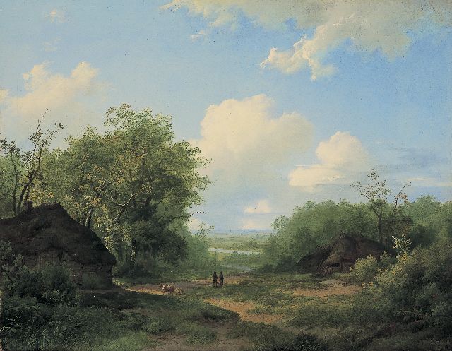 Marinus Adrianus Koekkoek I | Boerenwoningen in een zomers rivierlandschap, olieverf op doek, 42,5 x 53,9 cm, gesigneerd m.o. en gedateerd 1858