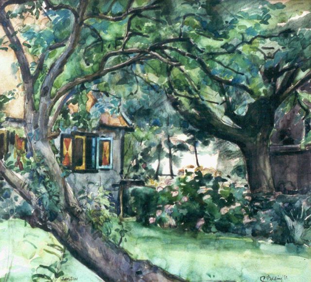 Cees Bolding | Tuin met bomen, krijt en aquarel op papier, 41,6 x 45,6 cm, gesigneerd r.o. en gedateerd '52