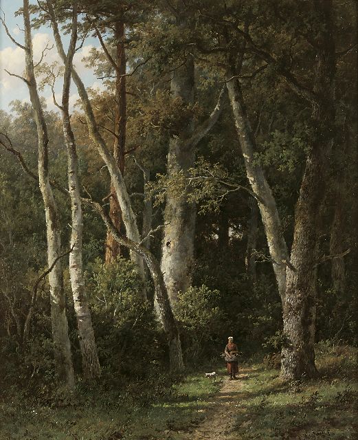 Anthonie Jacobus van Wijngaerdt | Houtsprokkelaarster op een bospad, olieverf op paneel, 66,2 x 54,0 cm, gesigneerd r.o.