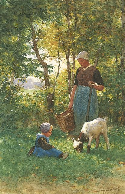 Willy Martens | Moeder met kindje en geit in de tuin, aquarel en gouache op papier, 51,0 x 34,0 cm, gesigneerd r.o.