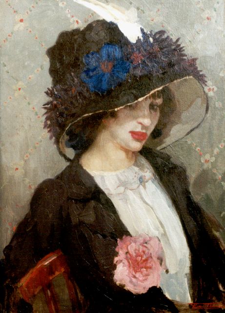 Thomas H.J.  | Jonge vrouw met hoed, olieverf op doek 70,3 x 50,8 cm, gesigneerd r.o.