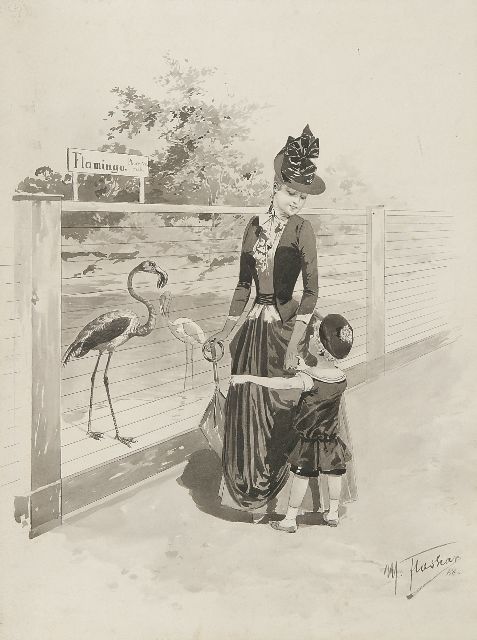 Flashar B.M.  | In de dierentuin, aquarel op papier 37,0 x 27,0 cm, gesigneerd r.o. en gedateerd '88