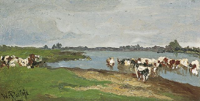 Willem Roelofs | Koeien bij een vaart, olieverf op doek, 24,0 x 44,2 cm, gesigneerd l.o.