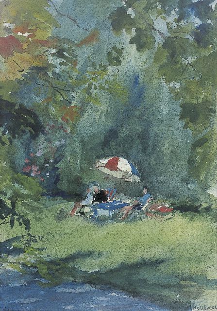 Frida Holleman | Picknick onder een parasol, aquarel op papier, 31,0 x 22,0 cm, gesigneerd r.o. en gedateerd '63