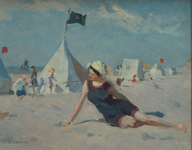 Soonius L.  | Elegante jonge vrouw in badpak op strand, olieverf op paneel 24,8 x 30,5 cm, gesigneerd l.o.
