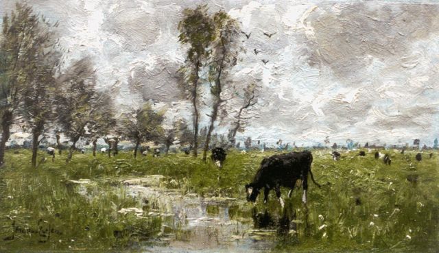Jan van Essen | Polderlandschap met grazende koeien, olieverf op doek, 17,3 x 29,0 cm, gesigneerd l.o.