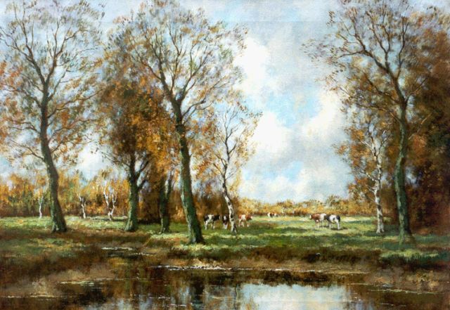 Cor Bouter | Koeien in een herfstlandschap, olieverf op doek, 51,0 x 71,2 cm, gesigneerd r.o. 'W. Hendriks'