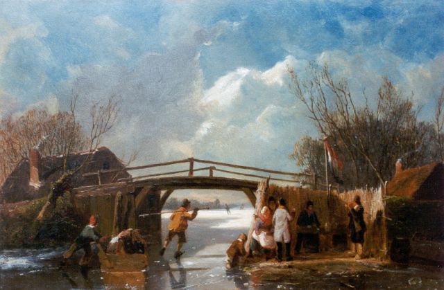 Pieter van Borselen | IJsgezicht met schaatsers bij een bruggetje, olieverf op paneel, 30,1 x 44,5 cm, gesigneerd l.o. met initialen