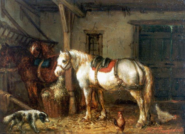 Willem Johan Boogaard | Stalinterieur met paarden en een hond, olieverf op paneel, 16,1 x 22,0 cm, gesigneerd r.o.