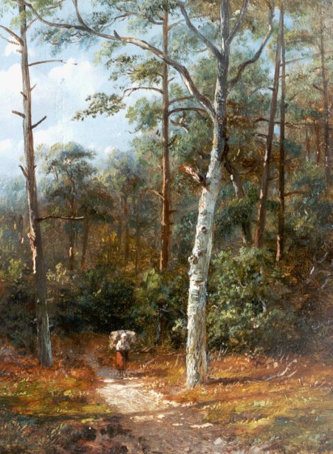 Anthonie Jacobus van Wijngaerdt | Houtsprokkelaarster in het bos, olieverf op paneel, 19,5 x 15,3 cm, gesigneerd r.o.