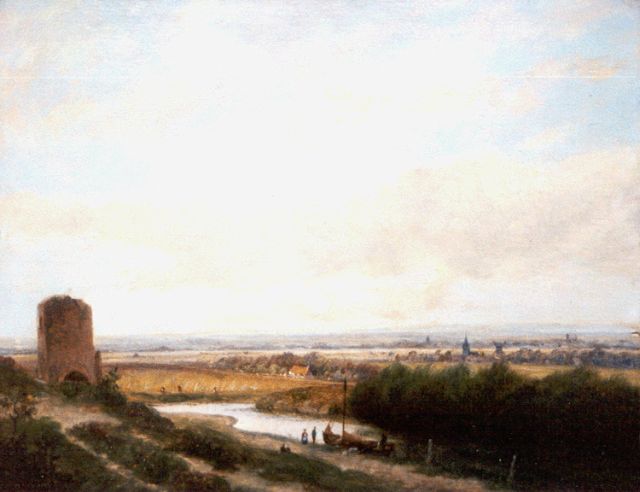 Morel II J.E.  | Panoramisch landschap met ruïne - i.o. !!!, olieverf op paneel 24,4 x 31,3 cm, gesigneerd l.o.