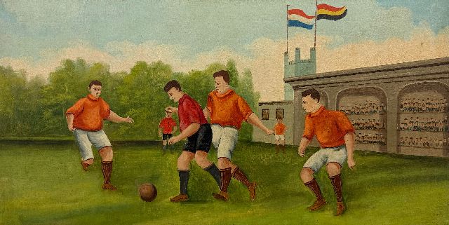 Hollandse Schook, begin 20e eeuw | Voetballers, olieverf op doek op schildersboard, 44,5 x 88,0 cm, te dateren ca. 1930