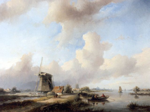 Jan Jacob Spohler | Zomers rivierenlandschap met figuren bij een molen, olieverf op paneel, 56,3 x 71,7 cm, gesigneerd l.o.