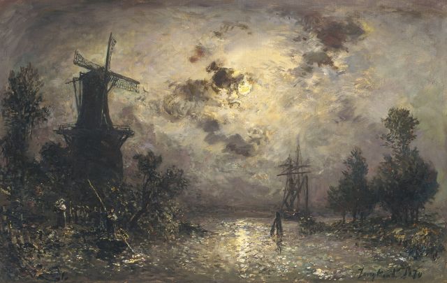 Johan Barthold Jongkind | Rivierlandschap bij maanlicht, olieverf op doek, 41,5 x 65,0 cm, gesigneerd r.o. en gedateerd 1870