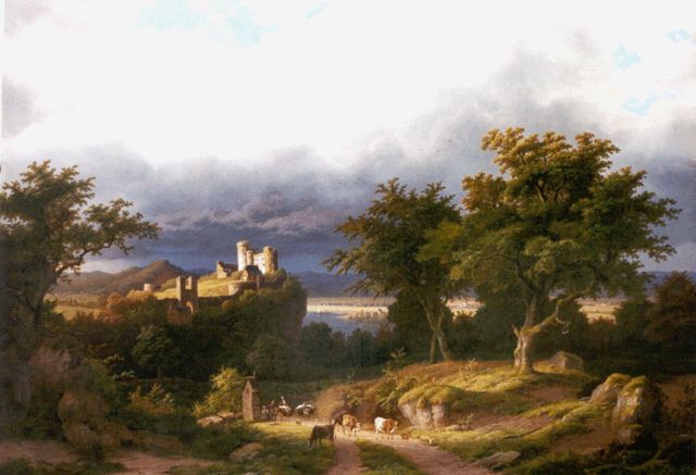 Bimmermann C.  | Landschap met kasteel en figuren met vee op een pad, olieverf op doek 91,5 x 129,0 cm, gesigneerd l.o.
