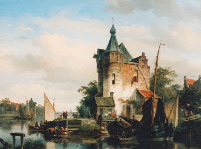 Cornelis Springer | Gemeerde platbodems en roeiboten bij een havenhoofd, olieverf op doek, 59,0 x 78,0 cm, gesigneerd l.o. en gedateerd '44