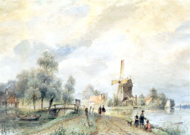 Kleijn L.J.  | Rivierlandschap met figuren en een molen, aquarel op papier 20,7 x 29,4 cm, gesigneerd l.o. en gedateerd 1836