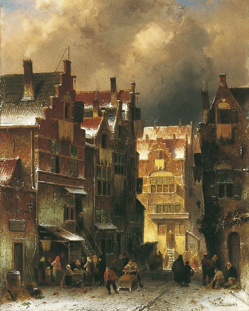Charles Leickert | Drukbevolkt straatje met staatsloterij in de winter, olieverf op doek, 56,7 x 45,5 cm, gesigneerd r.o. en l.m.