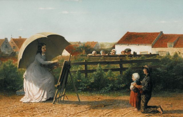 Hein Burgers | De schilderes - met jonge toeschouwers, olieverf op paneel, 40,8 x 63,4 cm, gesigneerd r.o. en gedateerd '69