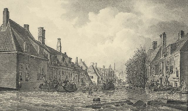 Johannes Hermanus Koekkoek | Palingstraat Vlissingen tijdens de overstroming in 1808, sepia op papier, 15,5 x 25,5 cm