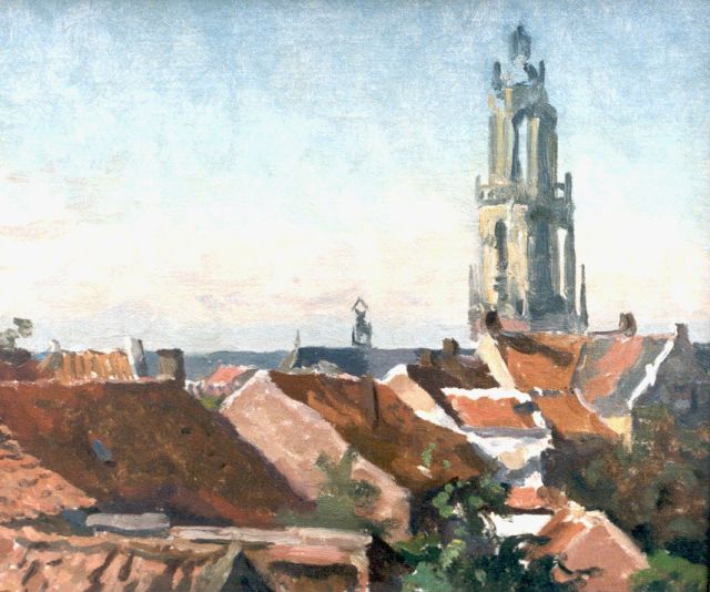 Willem Bastiaan Tholen | Impressie van Rhenen met Cuneratoren, olieverf op doek op paneel, 26,2 x 30,7 cm, gesigneerd l.o.