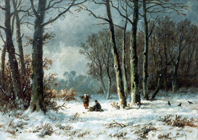 Anthonie Jacobus van Wijngaerdt | Winters bosgezicht met houtsprokkelaars, olieverf op paneel, 23,6 x 33,1 cm, gesigneerd r.o.