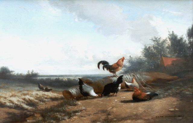 Leemputten J.L. van | Haan en kippen in een landschap, 23,9 x 36,0 cm, gesigneerd r.o. en gedateerd 1867