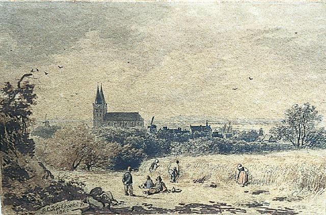 Barend Cornelis Koekkoek | Gezicht op Xanten (bij Kleef) vanaf een heuvel, inkt, pen en aquarel op papier, 8,0 x 12,2 cm, gesigneerd l.o. en gedateerd 1842