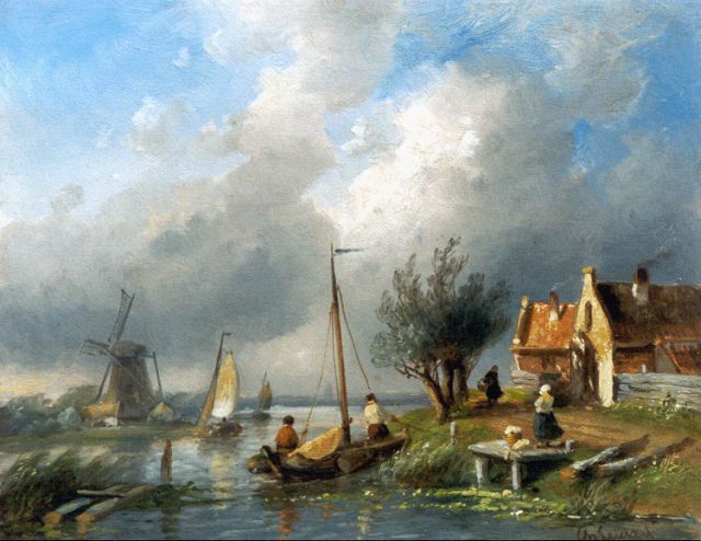 Charles Leickert | Zeilscheepjes op een vaart bij een molen, olieverf op paneel, 21,7 x 27,1 cm, gesigneerd r.o.