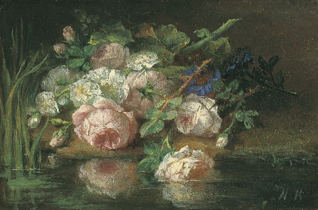 Margaretha Roosenboom | Boeket bloemen aan de waterkant, olieverf op paneel, 7,4 x 11,2 cm, gesigneerd r.o. met initialen