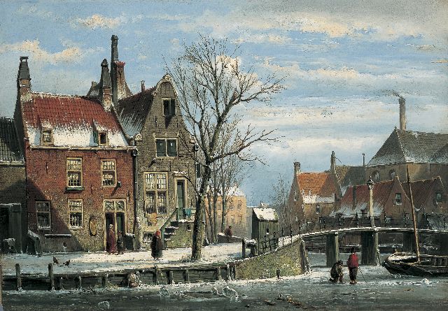 Willem Koekkoek | Winters stadsgezicht met figuren bij een brug, olieverf op doek, 40,0 x 57,0 cm, te dateren 1862-1865