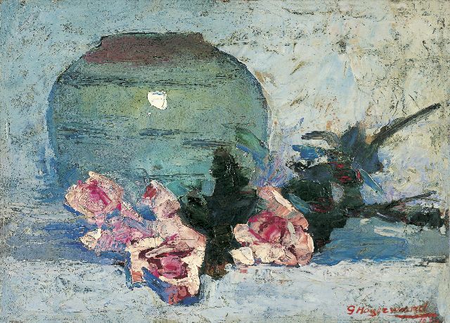 George Hogerwaard | Stilleven met rozen bij een vaas, olieverf op doek, 24,2 x 33,2 cm, gesigneerd r.o. en gedateerd 1924