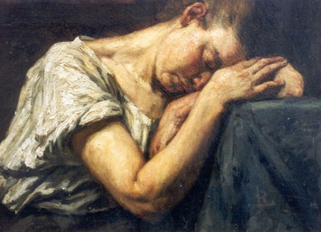 Roland Larij | Slapende werkvrouw, olieverf op papier op paneel, 25,6 x 32,2 cm, gesigneerd r.o. met monogram