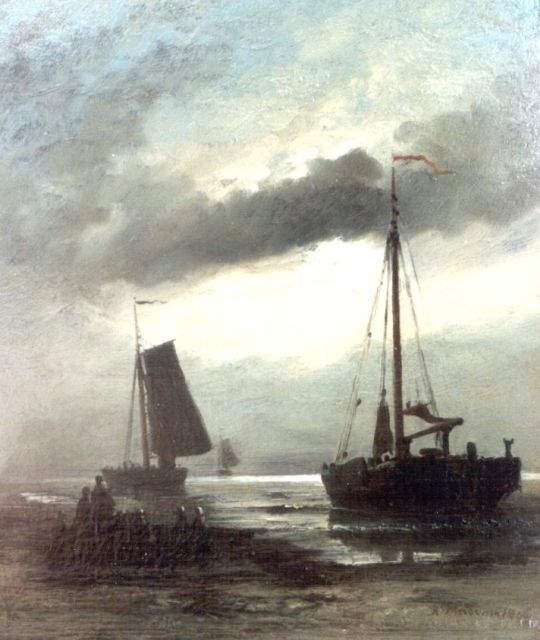 Miedema R.  | Strandgezicht met uitvarende vloot, olieverf op paneel 31,1 x 26,8 cm, gesigneerd r.o. en gedateerd 1896