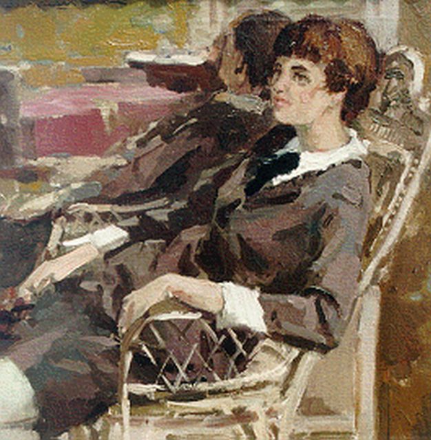 Hessel de Boer | Jongedame in rieten fauteuil voor een spiegel, olieverf op doek, 40,0 x 40,0 cm, gesigneerd l.b.