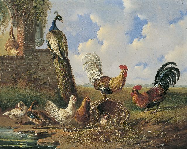 Albertus Verhoesen | Hoenderhof, olieverf op paneel, 30,4 x 38,3 cm, gesigneerd r.o. en gedateerd 1861