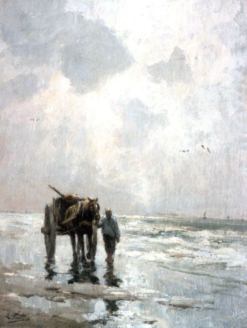 Pieters E.  | Schelpenvisser op het strand, olieverf op doek 49,1 x 38,3 cm, gesigneerd l.o.