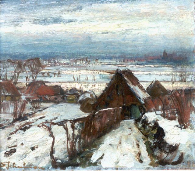 David Schulman | Wintergezicht op de Betuwe, olieverf op paneel, 25,3 x 29,4 cm, gesigneerd l.o.