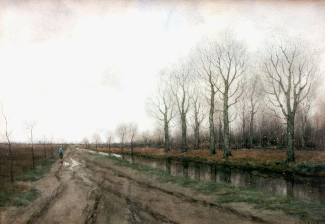 Arnold Marc Gorter | Winters landschap met boerin langs een vaart, aquarel op papier, 33,4 x 46,7 cm, gesigneerd r.o.