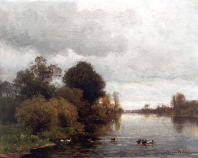 Julius Jacobus van de Sande Bakhuyzen | Verstild riviergezicht, olieverf op doek op paneel, 37,2 x 45,2 cm, gesigneerd r.o.